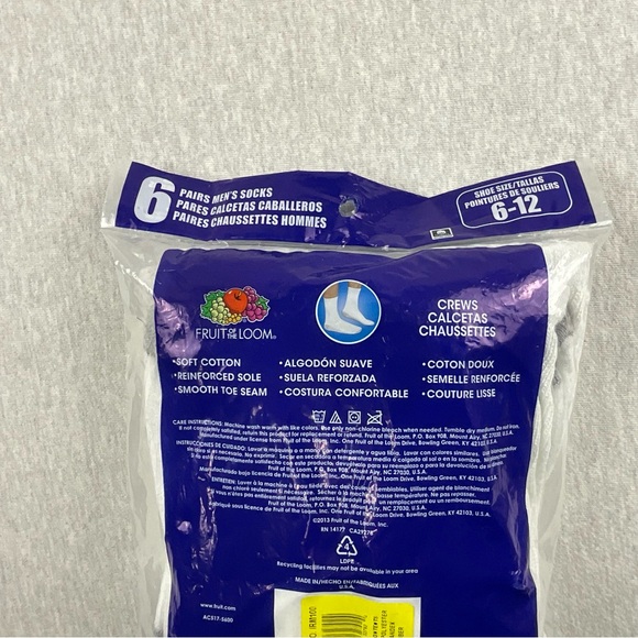 FRUIT OF THE LOOM COTTON BLEND MEN’S CREW SOCKS SLIGHTLY IMPERFECT 6 PAIRS WHITE - Picture 8 of 8